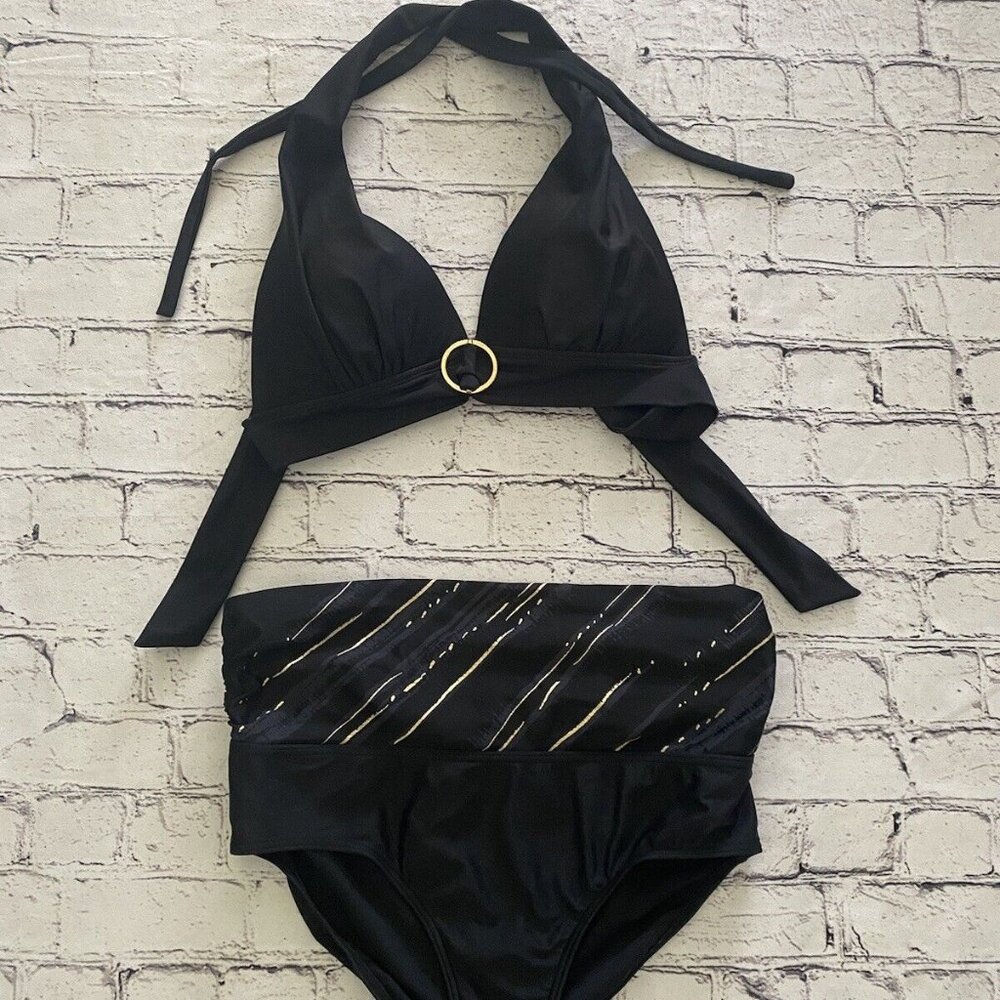 Simon Chang Vintage Black And Gold Bikini Padded Halter Top Size 10 Bond Girl EC - Picture 15 of 16